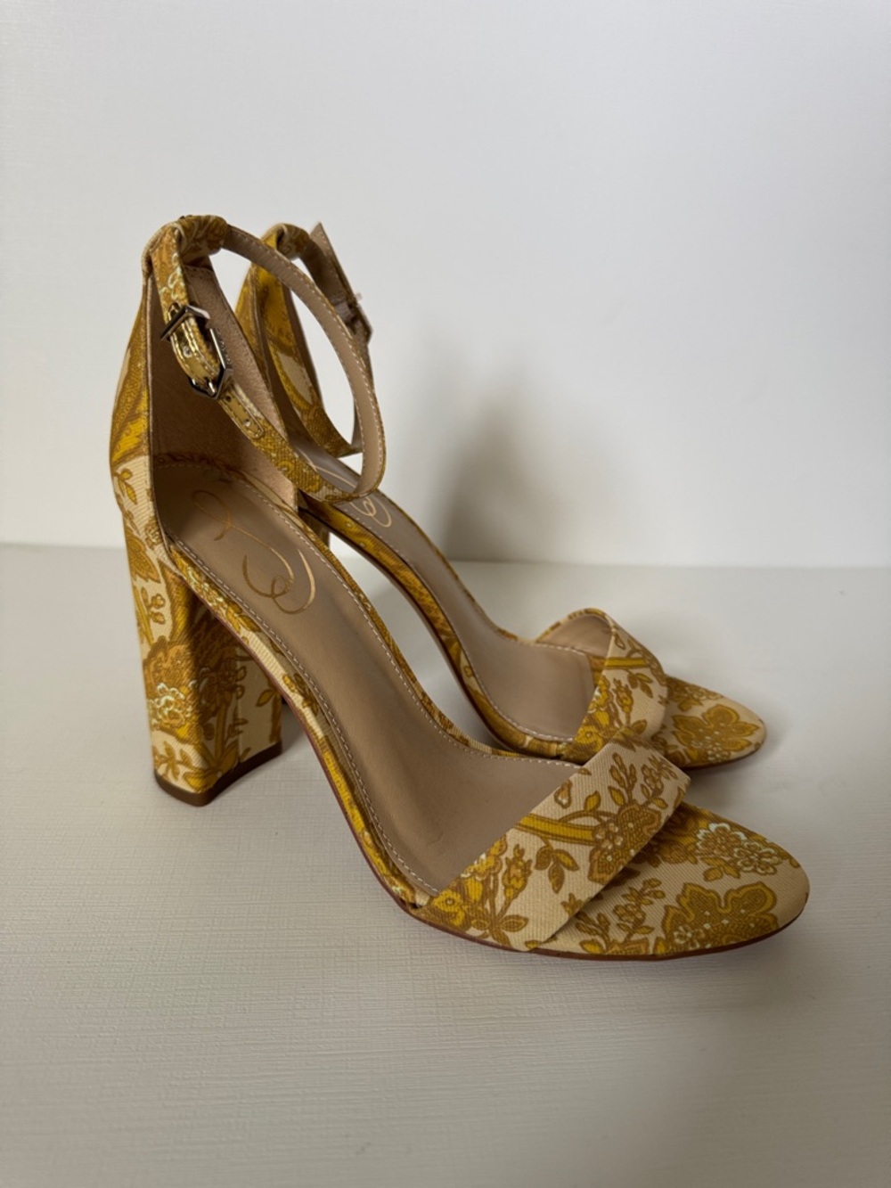 Sam Edelman Yellow Floral Jacquard Ankle-Strap Block Heels - Picture 2 of 4